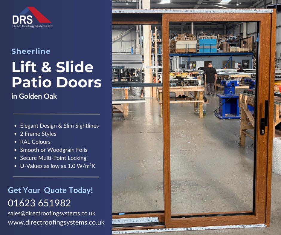 In production today, this #Sheerline #LiftAndSlide #PatioDoors - looking stunning in Golden Oak. Ultra-slim sightlines, low U-values, effortless operation &amp; installer friendly. Get a quote call 01623 651982