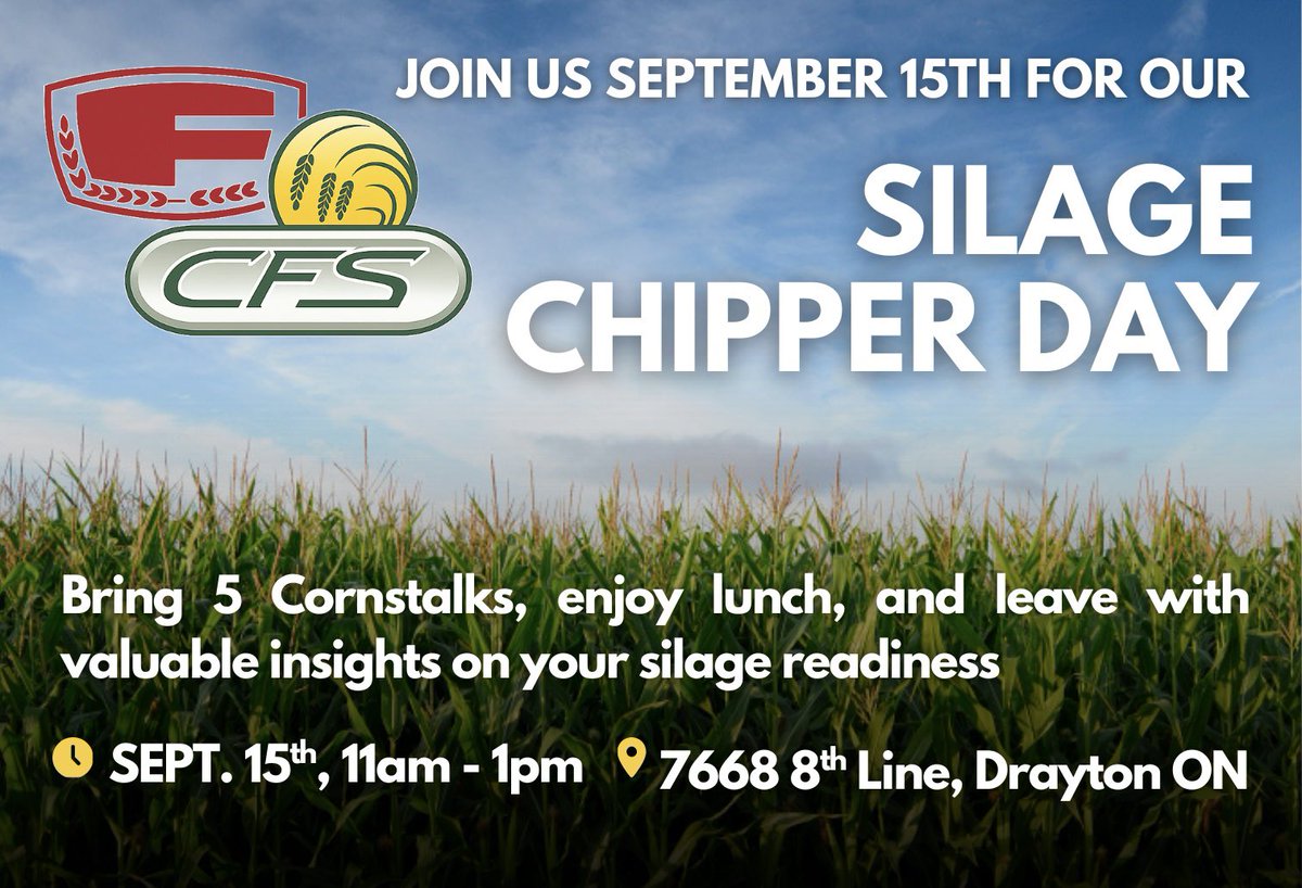 We are joining <a href="/cleanfieldsvc/">CFS</a> on Monday for our annual Silage Chipper Day! Bring 5 cornstalks, enjoy lunch, and leave with valuable insights. | Monday, Sept. 15th @ 11am | 📍CFS Shop, 8th Line, Drayton