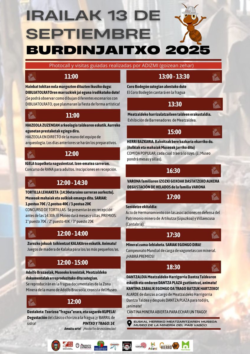 🙌🏼 Bihar, IRAILAK 13 BURDINJAITXOA ospatuko dugu Euskal Herriko Meatzaritzaren Museoan. Antolatu ditugun ekintza guztietan parte hartzera animatzen zaituztegu.
#Gallarta #AbantoZierbena #Bizkaia #Euskadi #EuskalHerrikoMeatzaritzarenMuseoa #Burdinjaitxo2025