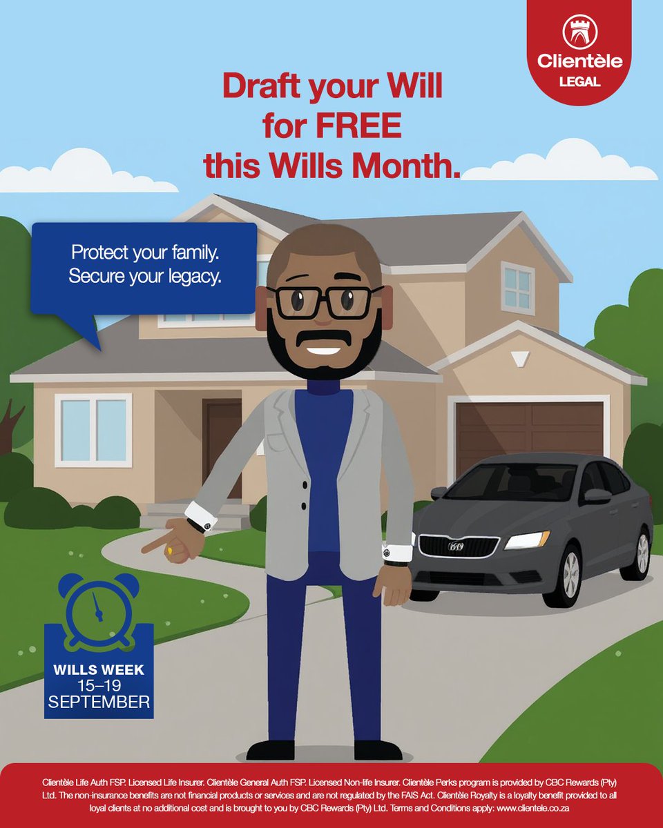 This Wills Week, all loyal Funeral, Legal, Health, Savings or Perks client can draft a Will for FREE. Email wills@clientele.co.za.

Not a client? Join Clientèle Legal today and enjoy Clientèle Royalty for FREE. bit.ly/3S1sA36

T's &amp; C's apply: clientele.co.za