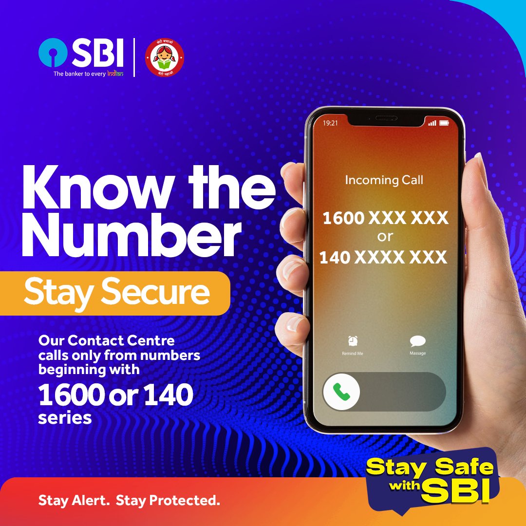 TheOfficialSBI's tweet image. Our Contact Centre calls only from numbers beginning with 1600 or 140 series.

Stay Informed!! Stay Protected!!