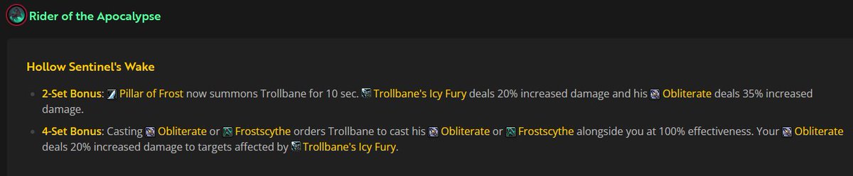 We're what, a month into the tier and the second sentence on the 4-piece is still broken. Tier straight up does not do what it says on the tin and its been left like that