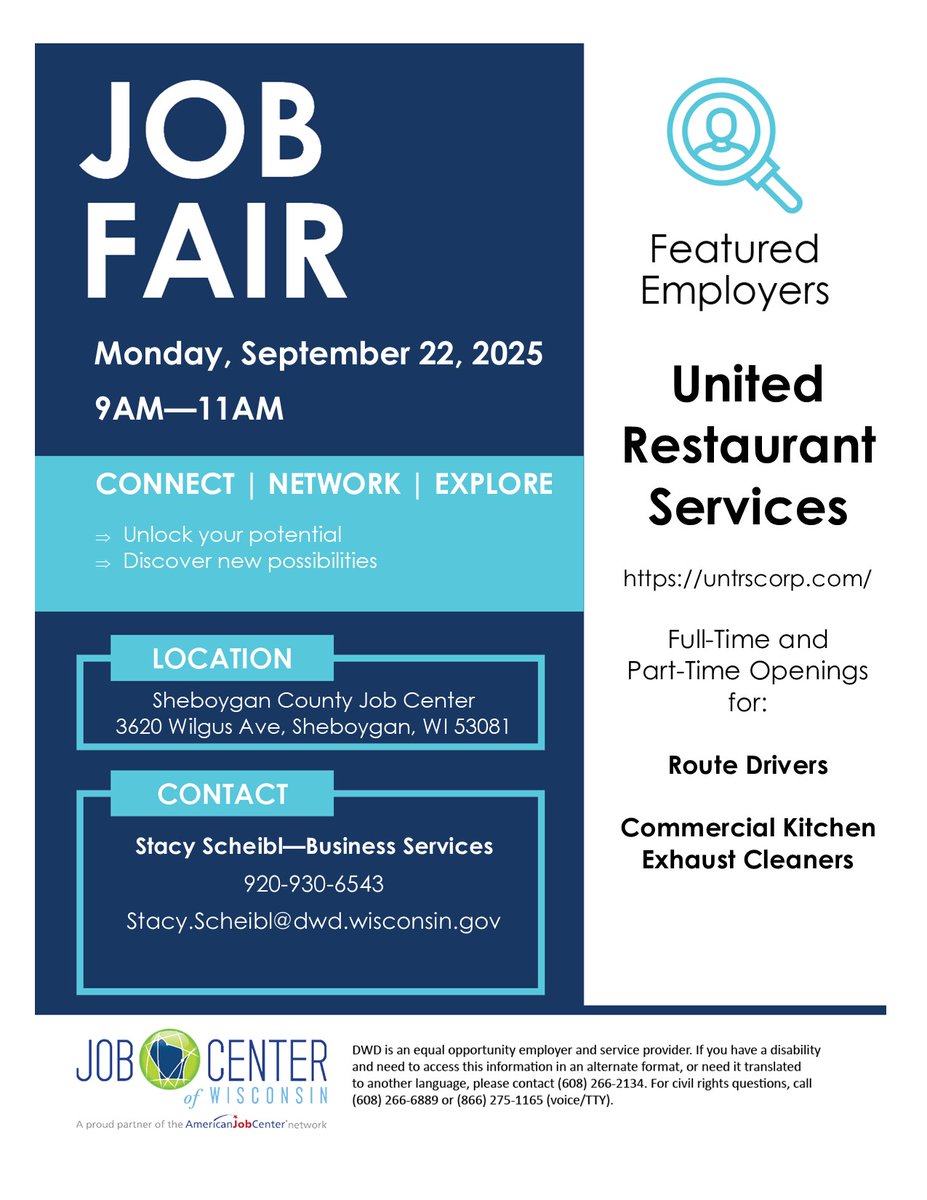 ShebJobCenter's tweet image. 🚨 JOB FAIR ALERT 

Looking for a fresh start? United Restaurant Services is hiring!

📅 9/22/25, 2025 🕘 9–11 AM 📍 Sheboygan Job Center, WI

Hiring Route Drivers &amp;amp; Exhaust Cleaners – full-time &amp;amp; seasonal roles! Bring your resume, your energy, and your friends.