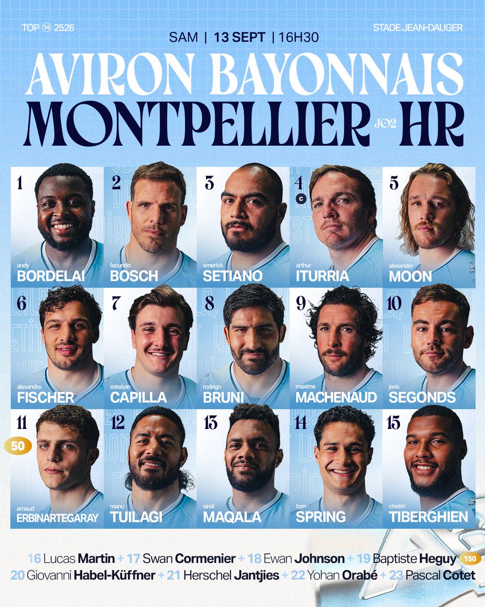 𝐂𝐎𝐌𝐏𝐎𝐒𝐈𝐓𝐈𝐎𝐍 𝐉𝟐 ⚔️

De retour à Jean-Dauger pour notre première réception de l'année contre Montpellier, tous derrière nos 𝐂𝐢𝐞𝐥 &amp; 𝐁𝐥𝐚𝐧𝐜 💪

Avec les 150e et 50e matchs de Baptiste Heguy et Arnaud Erbinartegaray 👏

𝑮𝑶𝑹𝑨 𝑩𝑨𝑰𝑶𝑵𝑨 🩵🤍

#Top14 #rugby