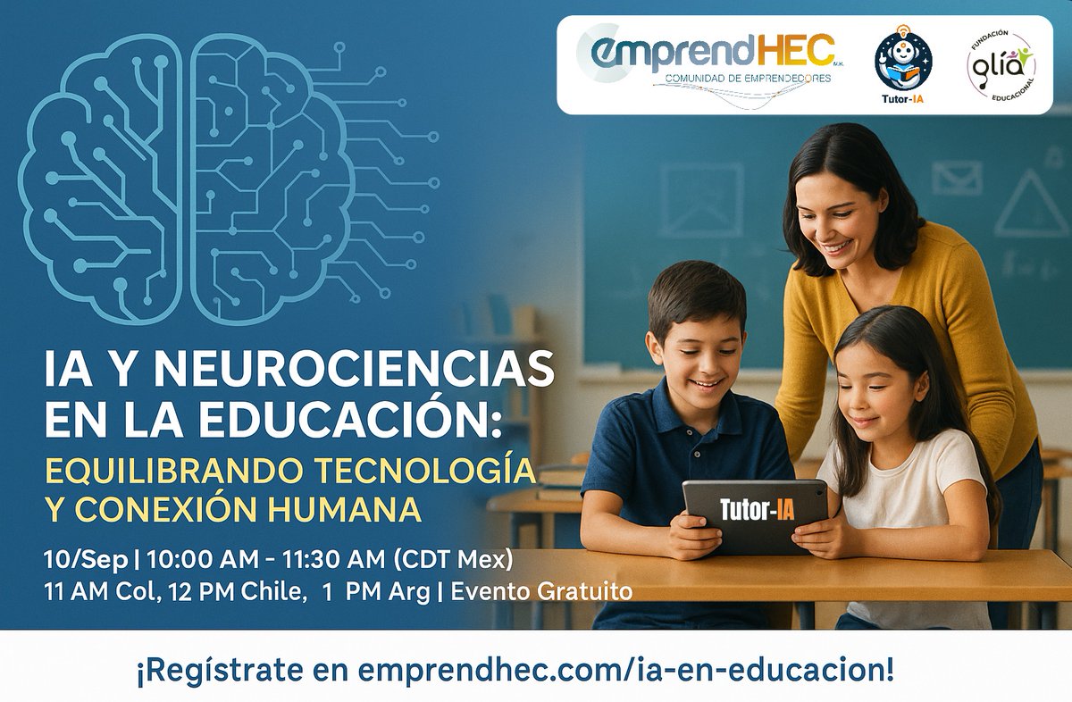 pcramirezs's tweet photo. 🌟 ¿Cómo equilibrar IA y conexión humana en la educación? En nuestro conversatorio "IA y Neurociencias en la Educación", Paulo César Ramírez Silva (EmprendHEC y Tutor-IA.tech-IA, México) y Carolina Santibáñez (Fundación Educacional Glía, Chile) exploraron:

- Neurociencias para potenciar funciones ejecutivas.
- Alfabetismo digital en IA para un uso responsable.
- Hiper-personalización con Tutor-IA para aprendizaje único.
- Socialización como clave para habilidades socioemocionales.
- Respuestas éticas a casos sensibles con valores tradicionales.

Conversatorio 👉 https://t.co/sCU26GapgO

💡 ¡Lidera la transformación educativa en Hispanoamérica!

📅 Próximo conversatorio: 1 de octubre de 2025
🌐 Actividades "IA en la Educación" 👉 https://t.co/wCMzEYMmDl
📩 contacto@emprendhec.com

#IAenEducación #EducaciónConValores #LiderazgoEducativo #TutorIA #EmprendHEC