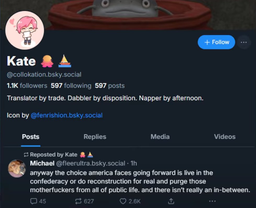 Grummz (@grummz) on Twitter photo Kate is the english localization manager for Dawntrail and FFXIV.
She is running.
She is scrubbing and deleting her posts on bluesky.
Because she has been reposting violent rhetoric against the Right. The kind of rhetoric that gets people killed.
Call <a href="/SquareEnix/">Square Enix</a> . Call Kate is the english localization manager for Dawntrail and FFXIV.
She is running.
She is scrubbing and deleting her posts on bluesky.
Because she has been reposting violent rhetoric against the Right. The kind of rhetoric that gets people killed.
Call <a href="/SquareEnix/">Square Enix</a> . Call