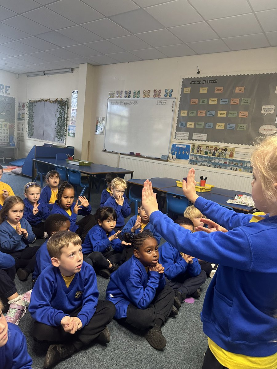 StMaryB17's tweet photo. In #Childledprayer this week A & A helped teach and support the rest of the class how to sign whilst singing along to the Hail Mary. We are super proud to belong to a Makaton school! #Y1F #Y1 https://t.co/lbYQCI0GFg