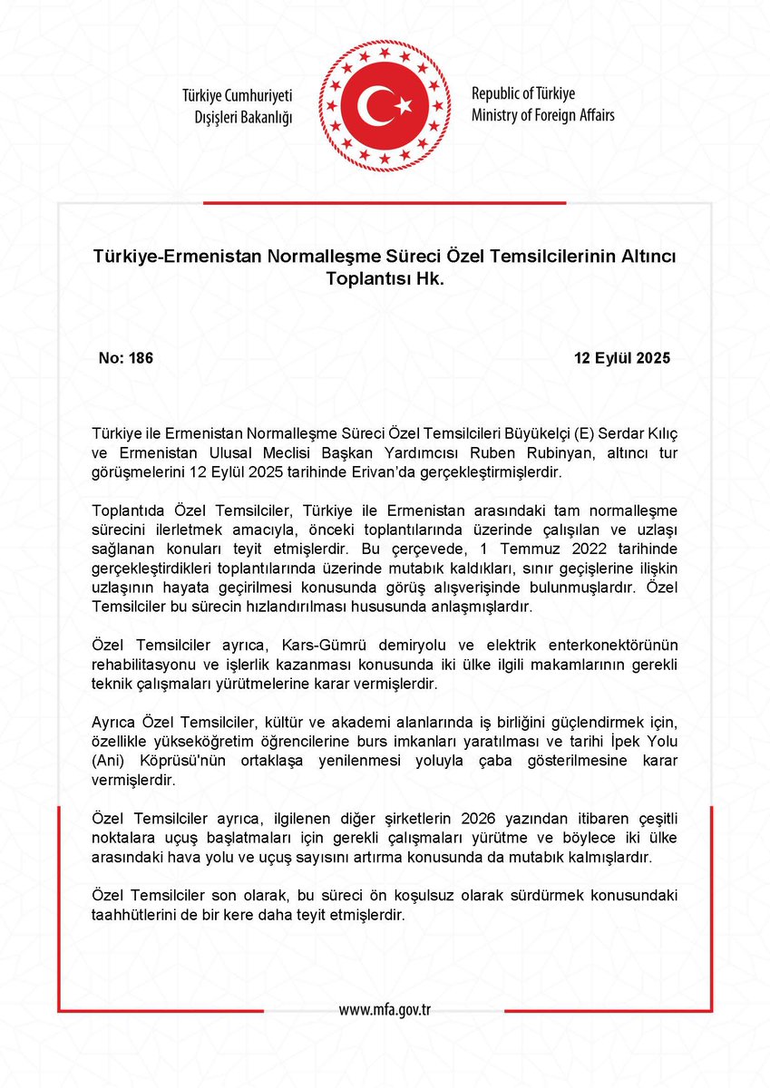 Türkiye-Ermenistan Normalleşme Süreci Özel Temsilcilerinin Altıncı Toplantısı Hk. mfa.gov.tr/no_-186_-turki…