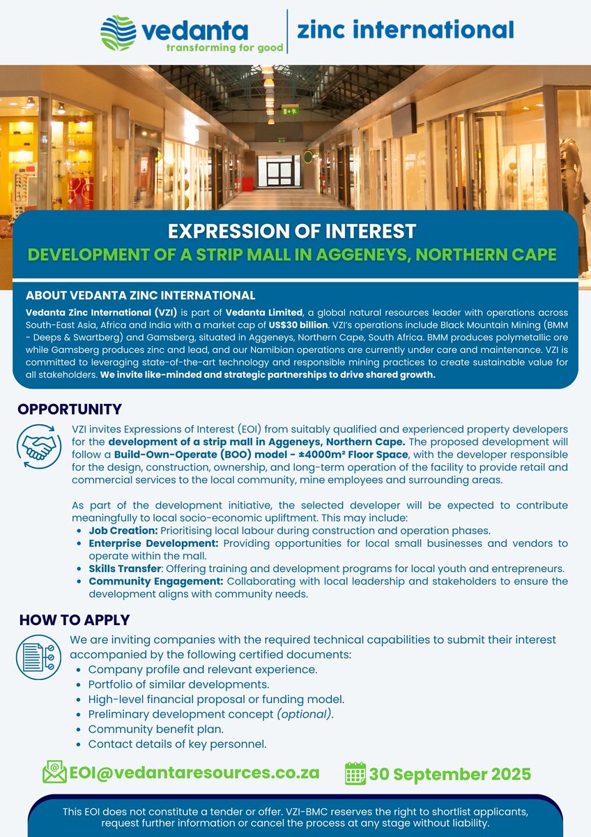 ZincVedanta's tweet photo. VZI invites Expressions of Interest!
We’re seeking experienced property developers to design, build, own &amp; operate a ±4000m² strip mall in Aggeneys, NC.
Submit your #EOI to EOI@vedantaresources.co.za by 30 Sept 2025.
#Development #vedanta #transformingcommunities https://t.co/1Lkxby249o