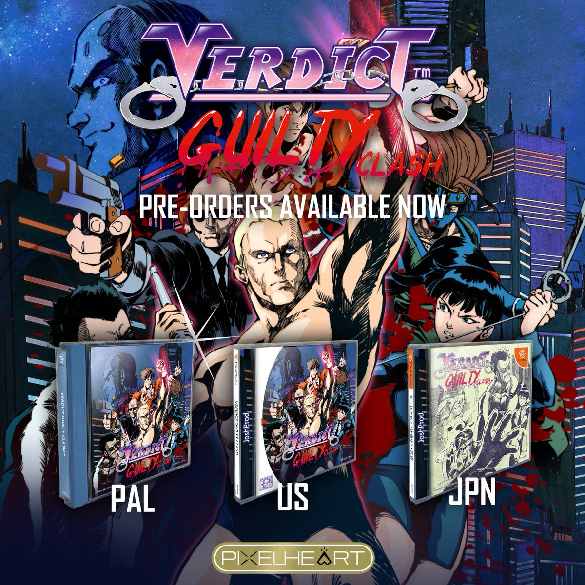 PixelHeart_eu's tweet photo. ⚖️ Step back into the lawless streets of Neo Seoul in Verdict Guilty Clash!

A new Dreamcast-compatible game
Pre-order now 👉 https://t.co/5QV68s1s4F

4 new characters:
- Sho Kamui, Tia Langray, and Saizo Tobikageno from Breaker's
- And the professional wrestler Ken Anderson https://t.co/yIU1nxUXvM
