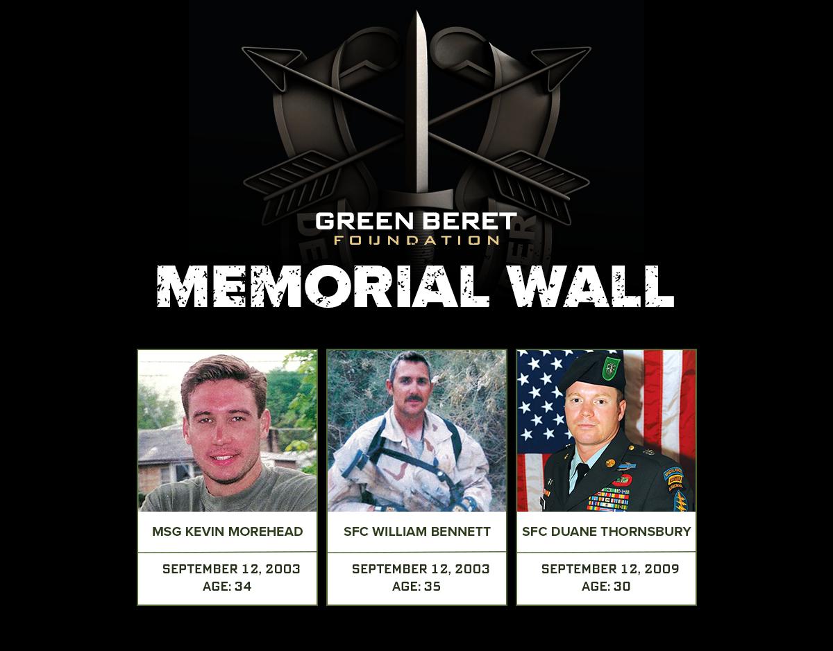 GreenBeretFound's tweet photo. Today, we remember Master Sgt. Kevin N. Morehead and Sgt. 1st Class William M. Bennett who were killed in action on this day in 2003. We also remember Sgt. 1st Class Duane A. Thornsbury who was killed in action on this day in 2009. MSG Morehead and SFC Bennett were assigned to 3rd Battalion, 5th Special Forces Group - Airborne. SFC Thornsbury was assigned to Alpha Company, 2nd Battalion, 10th Special Forces Group - Airborne. 

De Oppresso Liber

Memorial Wall: https://t.co/L5AJDAbbx2

#specialforces #greenberet #rememberthefallen #greenberetfoundation #sof #specialoperations