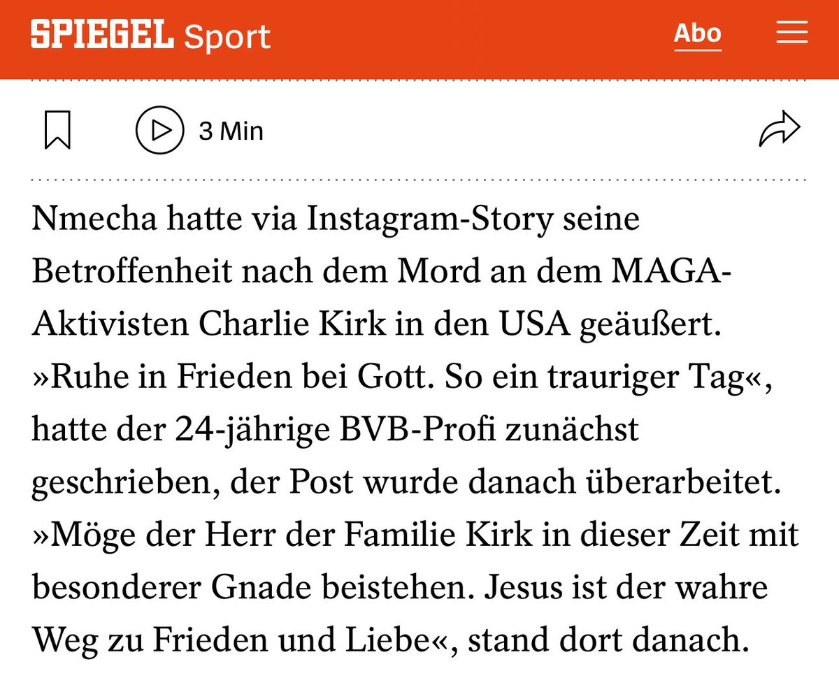 Birgit_Kelle's tweet image. BVB-Spieler Felix Nmecha zeigt Mitgefühl mit Charlie Kirk bei Instagram und wird sowohl vom BVB als auch im SPIEGEL deswegen gerügt. 
Ein christlicher Wunsch wird ihm als "Polarisieren" ausgelegt. Was er "Empörendes" gesagt hat?Lesen Sie selbst. Zuerst: "Ruhe in Frieden bei Gott.…