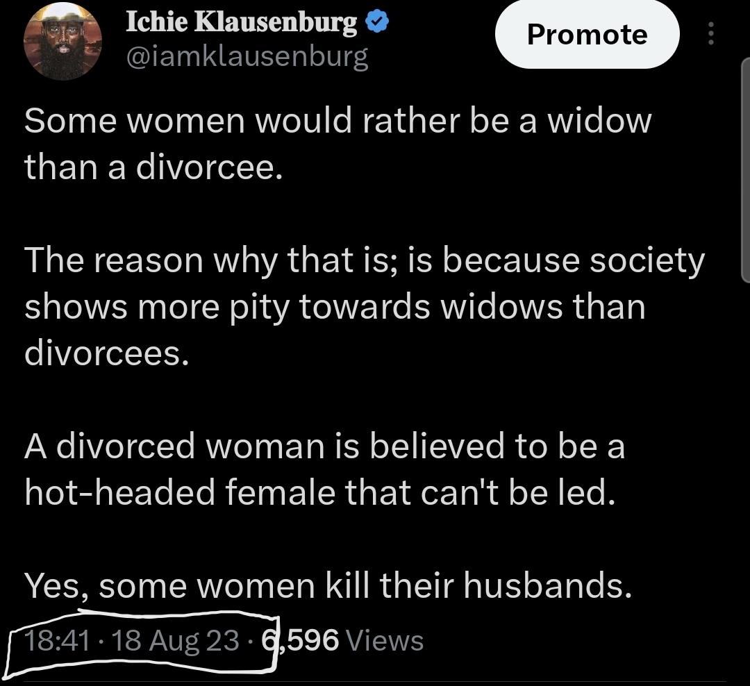 Tomorrow <a href="/_ebelechukwu/">Ebelechukwu</a> will claim,

"Marriages thrived because women chose to suffer in silence."

Women that tallies everything done to them to femicide are out here letting y'all make sense of my phrase,

"The feminine strength is cunning."

𝐈𝐜𝐡𝐢𝐞 𝐊𝐥𝐚𝐮𝐬𝐞𝐧𝐛𝐮𝐫𝐠