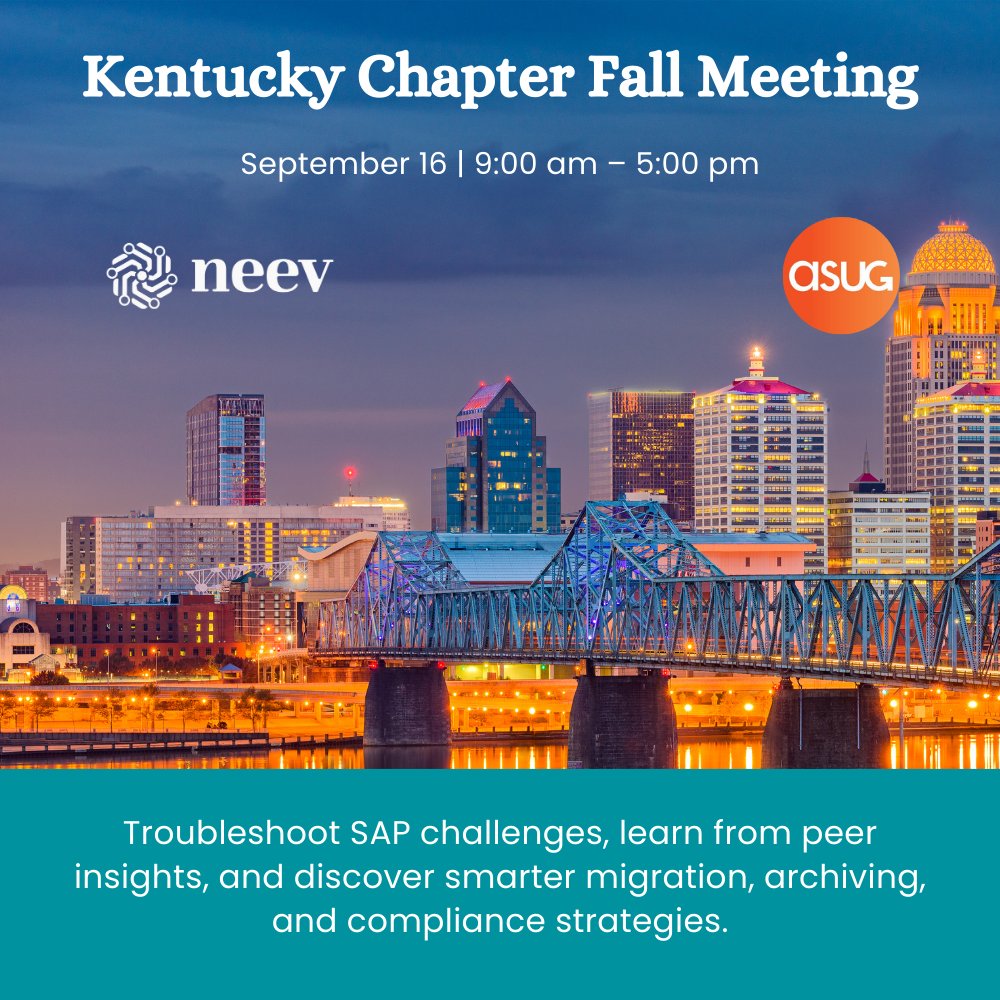NeevData's tweet image. We’re heading to Lexington, KY! 📍

Join Neev Data at the ASUG Kentucky Chapter Fall Meeting on September 16 at Valvoline HQ.

Let’s network, exchange ideas, and spark innovation, see you there! meetings.hubspot.com/pluttmann/intr…

#SAPCommunity #SAPEvents #DataArchiving #S4HANA #NeevData