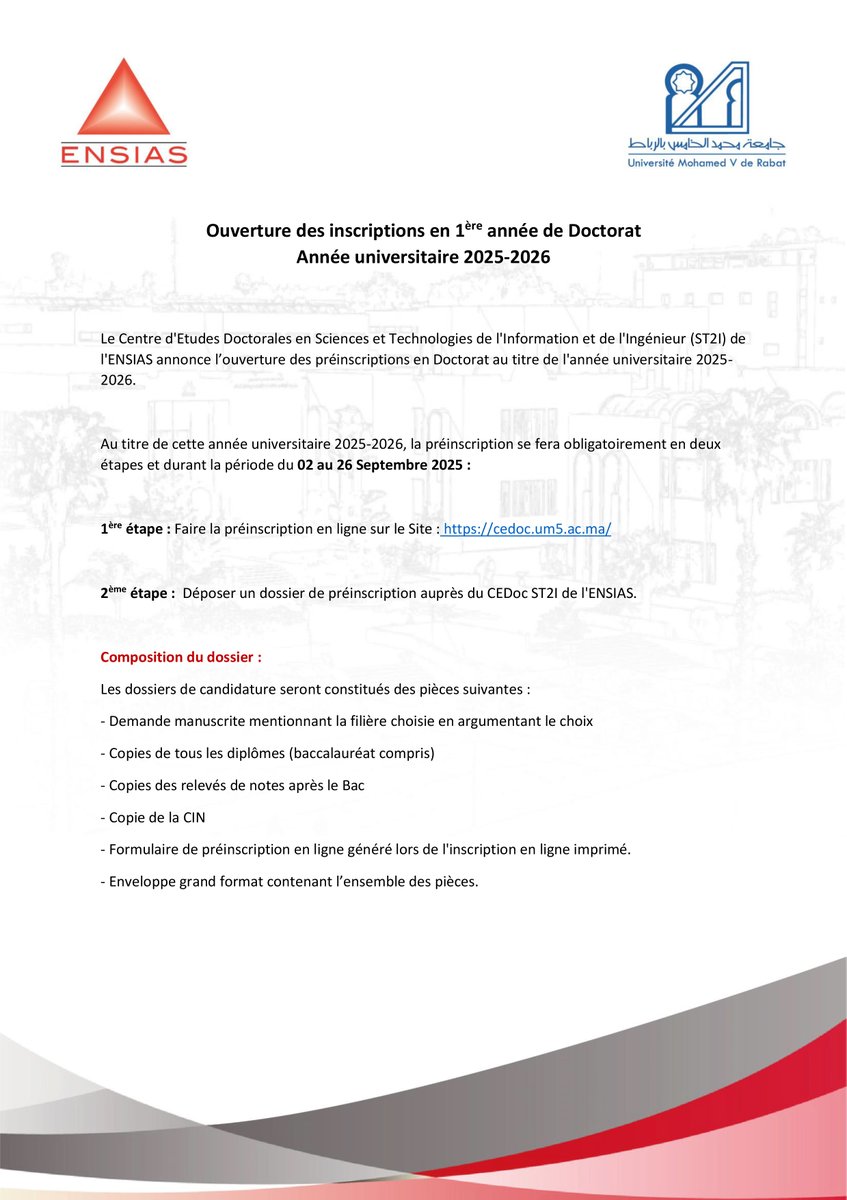 Ouverture des préinscriptions en Doctorat – Année universitaire 2025-2026

📅 Période des préinscriptions : du 02 au 26 septembre 2025

🔗 Préinscription en ligne : cedoc.um5.ac.ma