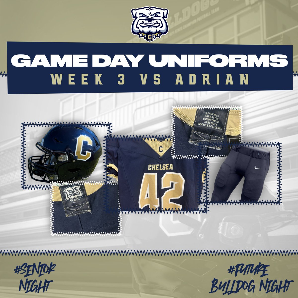 ChelseaFB_SEC's tweet photo. In a nod to the 1971 State Championship team, the Bulldogs will wear Navy, Navy, Navy at our Home Opener vs Adrian. Kickoff at 7PM, activities begin at 6.
Alternate Navy Helmet
Home Navy Jersey
Navy Pants
#Combo3
#SeniorNight
#FutureBulldogNight
#BeatAdrian
#1971StateChamps https://t.co/L7FGqrETwJ