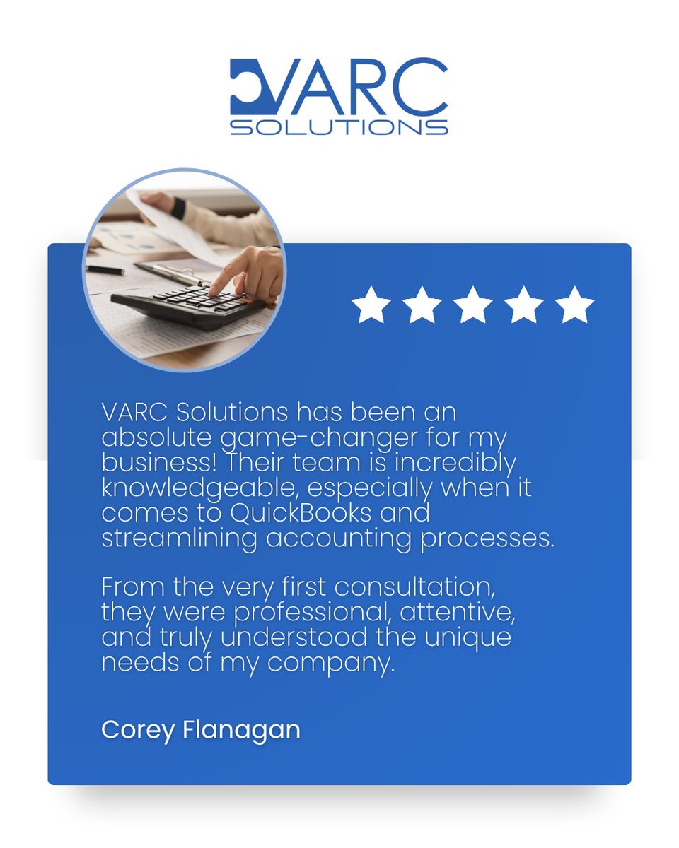 VARC_Solutions's tweet image. We love hearing how VARC Solutions becomes an &quot;absolute game-changer&quot; for our clients! 🎉

Thank you, Corey, for trusting us to be your accounting partner!

#Testimonial #QuickBooksExperts #AccountingSolutions #BusinessPartner #VARCSolutions