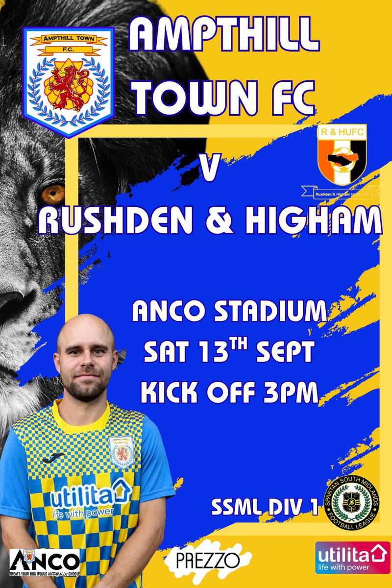 Amps at the Anco on Saturday as we host <a href="/RandHUFC/">Rushden & Higham Utd</a>  in a <a href="/SSMFLOfficial/">Spartan South Midlands Football League Official</a> div 1 fixture.  Kick off at 3pm, gates, bar &amp; cafe at 2pm. Adm£6/£3.  COYA💛💙💛💙 <a href="/ampthillinfo/">Ampthill.Info</a>  <a href="/AmpthillRufc/">Ampthill Rugby</a> <a href="/AmpthillTownCC/">Ampthill Town CC 🏏</a>