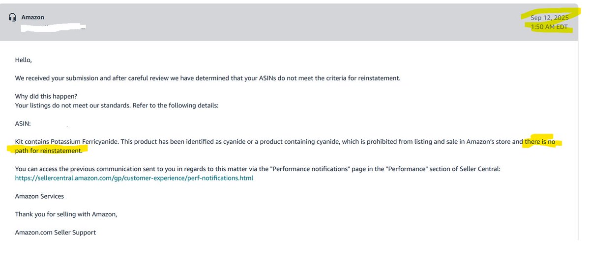 Day 3 of AMZ deleted USA brand and continuing to allow Chinese brands to sell this item.

Now I have in writing that "There is no path for reinstatement"...and yet the Chinese brands are alive and well stealing rank and sales.

Selling same exact ingredient.