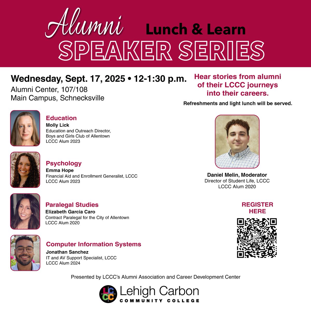 LehighCarbonCC's tweet image. Lunch is on us! 🥪 Join us for Lunch &amp;amp; Learn with alumni as they share their career journeys. This is a great opportunity to connect, network,  and gain insights, plus a free meal when you register! 

#AlumniPanel #CollegeLife #CareerJourney