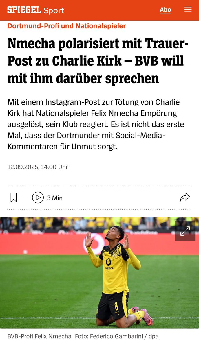 Birgit_Kelle's tweet image. BVB-Spieler Felix Nmecha zeigt Mitgefühl mit Charlie Kirk bei Instagram und wird sowohl vom BVB als auch im SPIEGEL deswegen gerügt. 
Ein christlicher Wunsch wird ihm als "Polarisieren" ausgelegt. Was er "Empörendes" gesagt hat?Lesen Sie selbst. Zuerst: "Ruhe in Frieden bei Gott.…