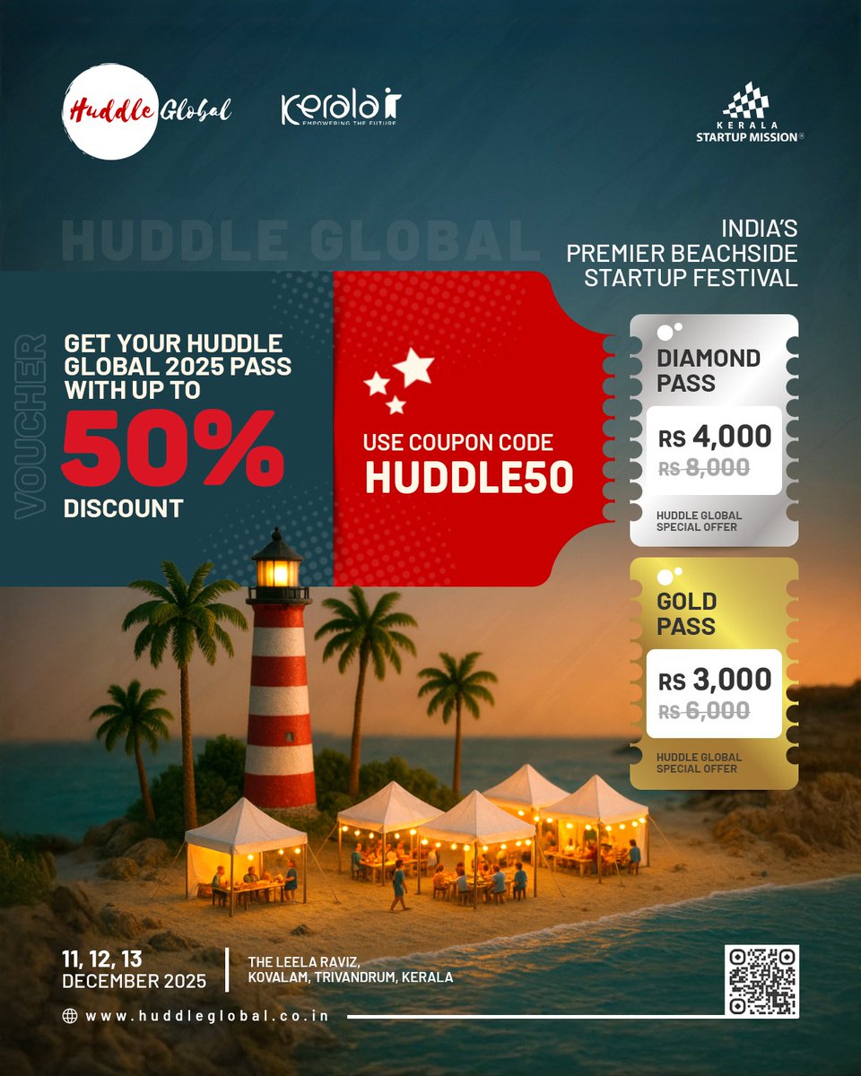 startup_mission's tweet image. Secure your Huddle Global 2025 pass with an exclusive 50% discount using the code HUDDLE50. 

🗓️ December 11–13, 2025
📍 The Leela Raviz, Kovalam, Trivandrum, Kerala
📝 Register Now: huddleglobal.co.in

#HuddleGlobal2025 #KeralaStartupMission #KeralaIT #StartupIndia