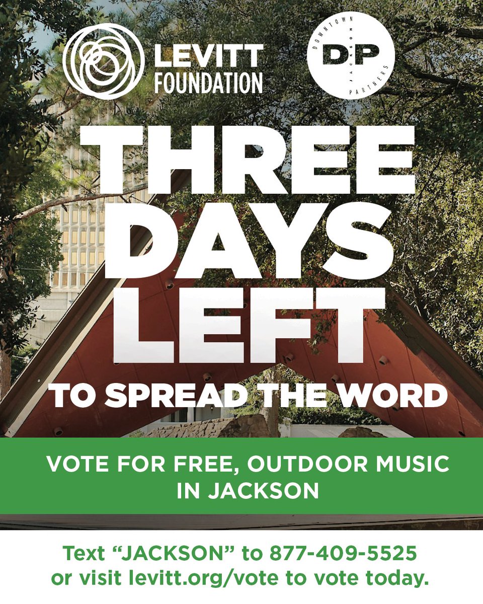 3 days left to spread the word! Vote for our #LevittMusicSeries grant proposal by September 15 and help us bring FREE concerts to Jackson for the next three years! Vote at levitt.org/vote today or text JACKSON to 877-409-5525 and share with your friends!