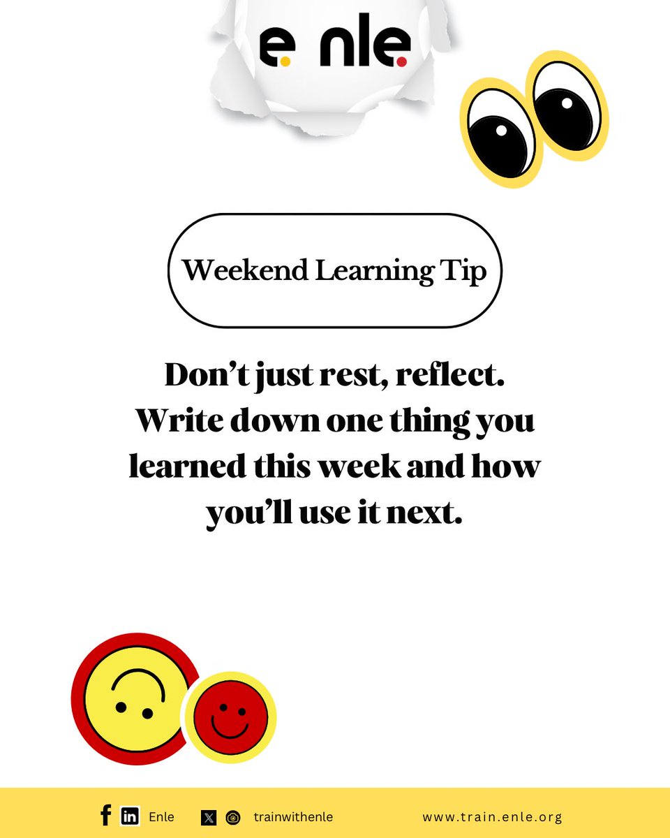 trainwithenle's tweet image. It’s Friday 🎉
As you wind down, take 2 minutes to capture one lesson you learned this week.
👉 Write it down.
👉 Decide how you’ll apply it next week.
Small reflections → big growth. 🌱
#TrainWithEnle #WeekendLearning #FridayTip
