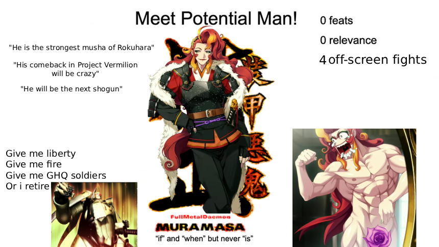 Repasando algunas cosas de Muramasa para un hilo que estoy haciendo pensé "Raichou está como medio washed no?"
Entonces hice este meme