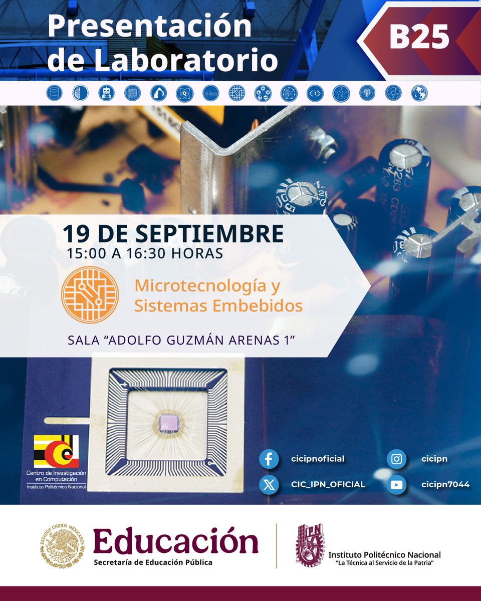 CIC_IPN_OFICIAL's tweet image. Presentación de los laboratorios del CIC @IPN_MX

📅 Viernes 19 de septiembre
📍 Sala &quot;AGA&quot; 1
⏰ 10:00 a 11:30 @RoboticaCic
⏰ 13:00 a 14:30 laboratorio de Ciencias Cognitivas Computacionales
⏰15:00 a 16:30 laboratorio de Microtecnología y Sistemas Embebidos