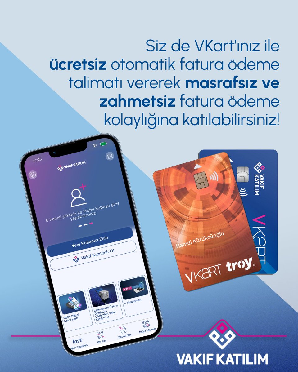 Otomatik fatura ödeme talimatının hayatınızı nasıl kolaylaştıracağını birlikte inceleyelim. VKart’ınız ile ücretsiz otomatik ödeme talimatı vererek masrafsız ve zahmetsiz fatura ödeme kolaylığına katılabilirsiniz!

Detaylı bilgi için web sitemizi ziyaret edebilirsiniz.