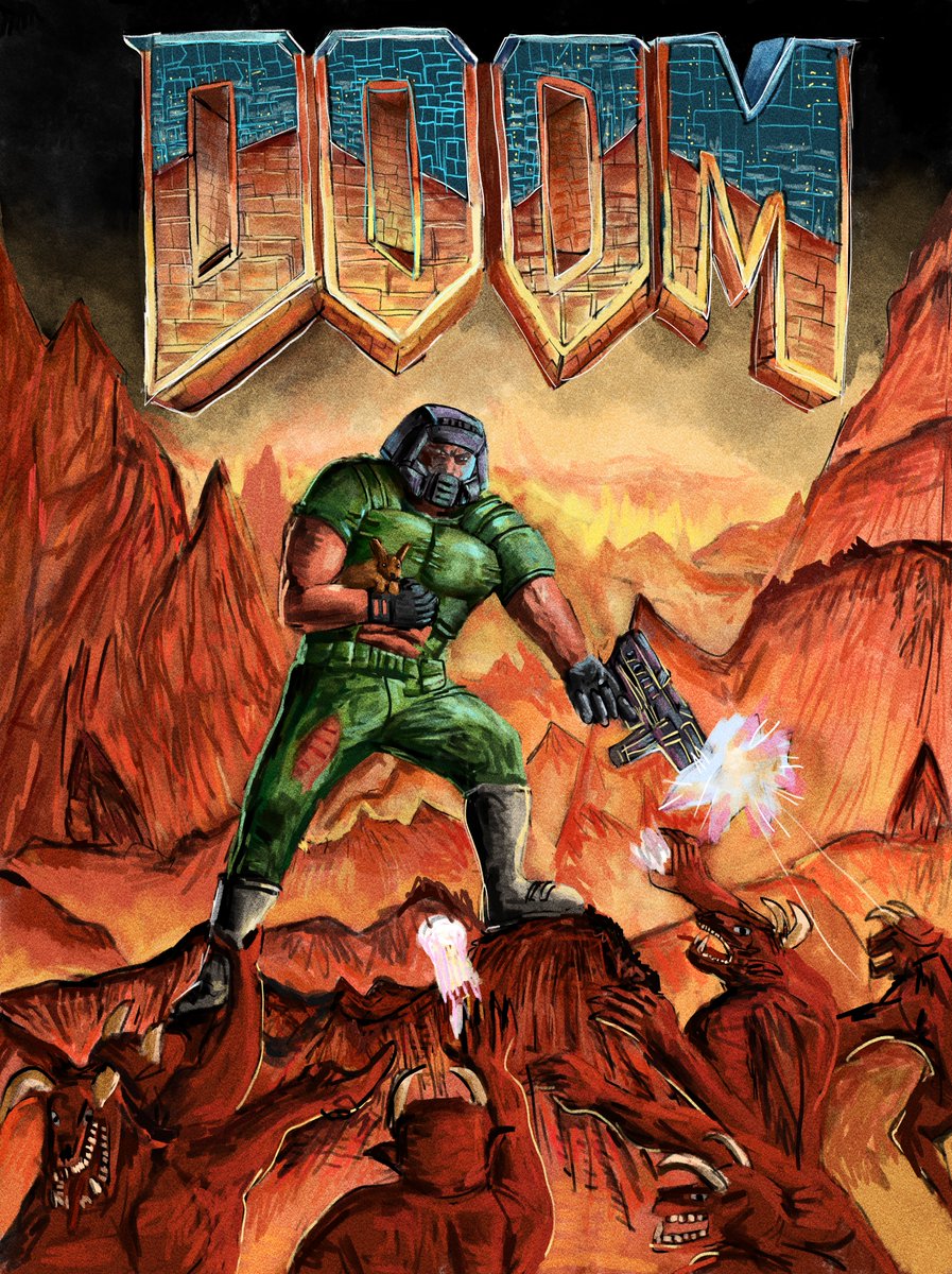 wanted to paint something similiar to classic doom poster #Doom