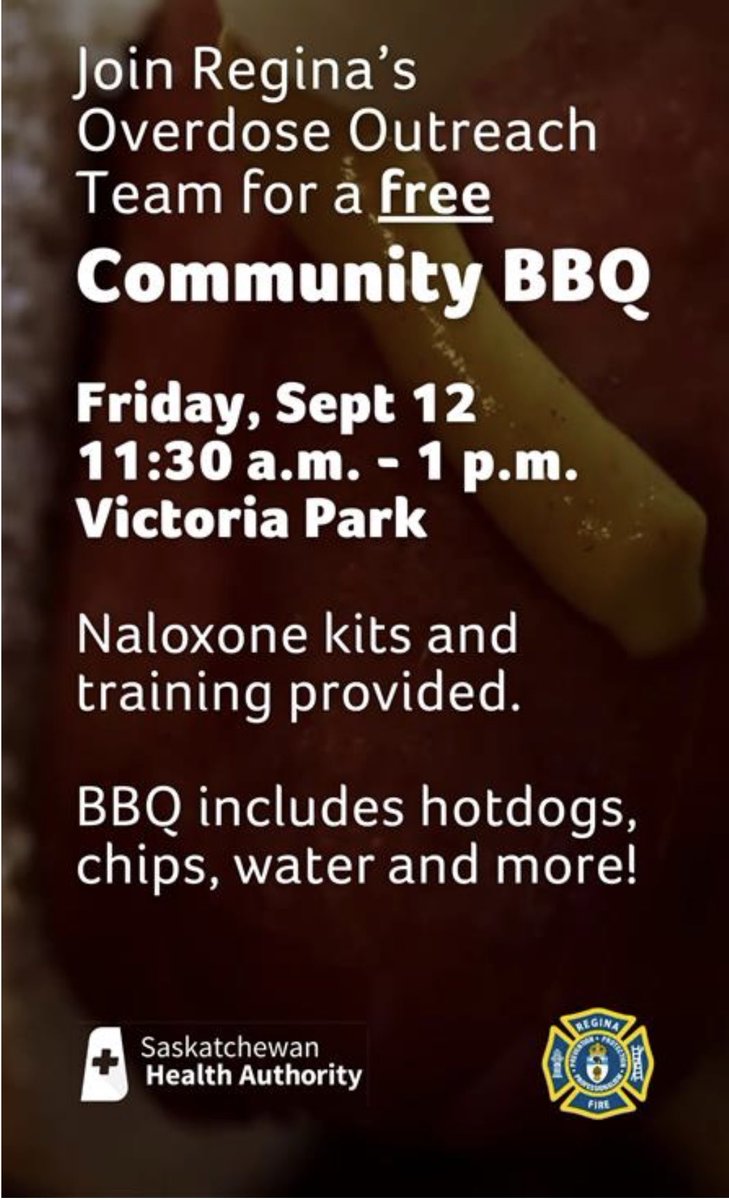 Everyone is invited to join our Overdose Outreach Team Community BBQ in Victoria Park today from 11:30 am - 1:00 pm. #YQR