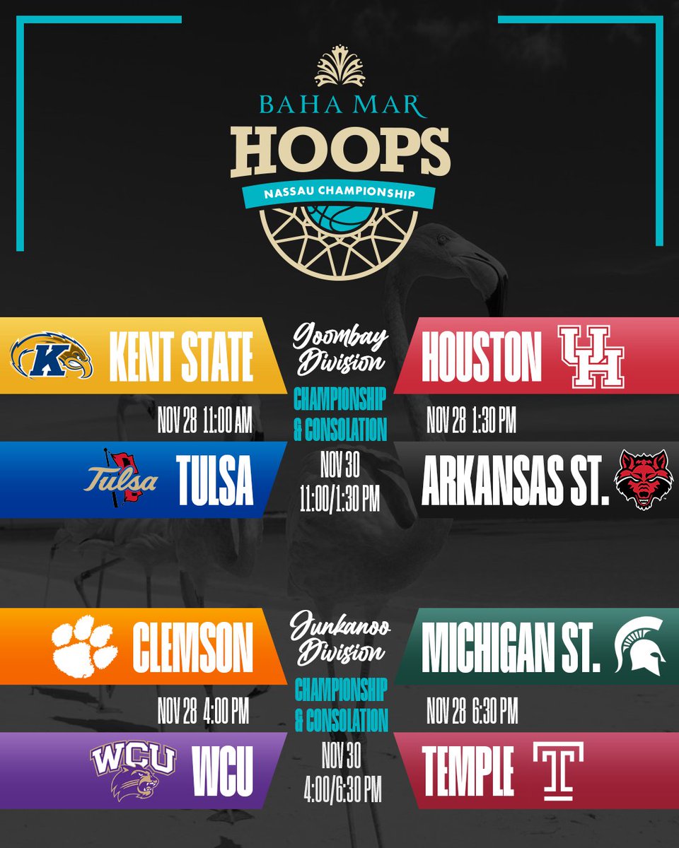 Baha Mar Hoops (@bahamarhoops) on Twitter photo 2025 #BahaMarHoops Nassau Championship announced with games on Nov. 28-30 at <a href="/BahaMarResorts/">Baha Mar Resorts</a>.
Goombay Division:
<a href="/KentStWBB/">Kent State Women’s Basketball</a> vs <a href="/TulsaWBB/">Tulsa W Basketball</a>
<a href="/UHCougarWBB/">Houston Women's Basketball</a> vs <a href="/AStateWB/">Arkansas State Women's Basketball</a>
Junkanoo Division:
<a href="/ClemsonWBB/">Clemson Women's Basketball</a> vs <a href="/CatamountWBB/">Western Carolina WBB</a>
<a href="/MSU_WBasketball/">Michigan State Women's Basketball</a> vs <a href="/templewbb/">Temple Women’s Basketball</a> 2025 #BahaMarHoops Nassau Championship announced with games on Nov. 28-30 at <a href="/BahaMarResorts/">Baha Mar Resorts</a>.
Goombay Division:
<a href="/KentStWBB/">Kent State Women’s Basketball</a> vs <a href="/TulsaWBB/">Tulsa W Basketball</a>
<a href="/UHCougarWBB/">Houston Women's Basketball</a> vs <a href="/AStateWB/">Arkansas State Women's Basketball</a>
Junkanoo Division:
<a href="/ClemsonWBB/">Clemson Women's Basketball</a> vs <a href="/CatamountWBB/">Western Carolina WBB</a>
<a href="/MSU_WBasketball/">Michigan State Women's Basketball</a> vs <a href="/templewbb/">Temple Women’s Basketball</a>