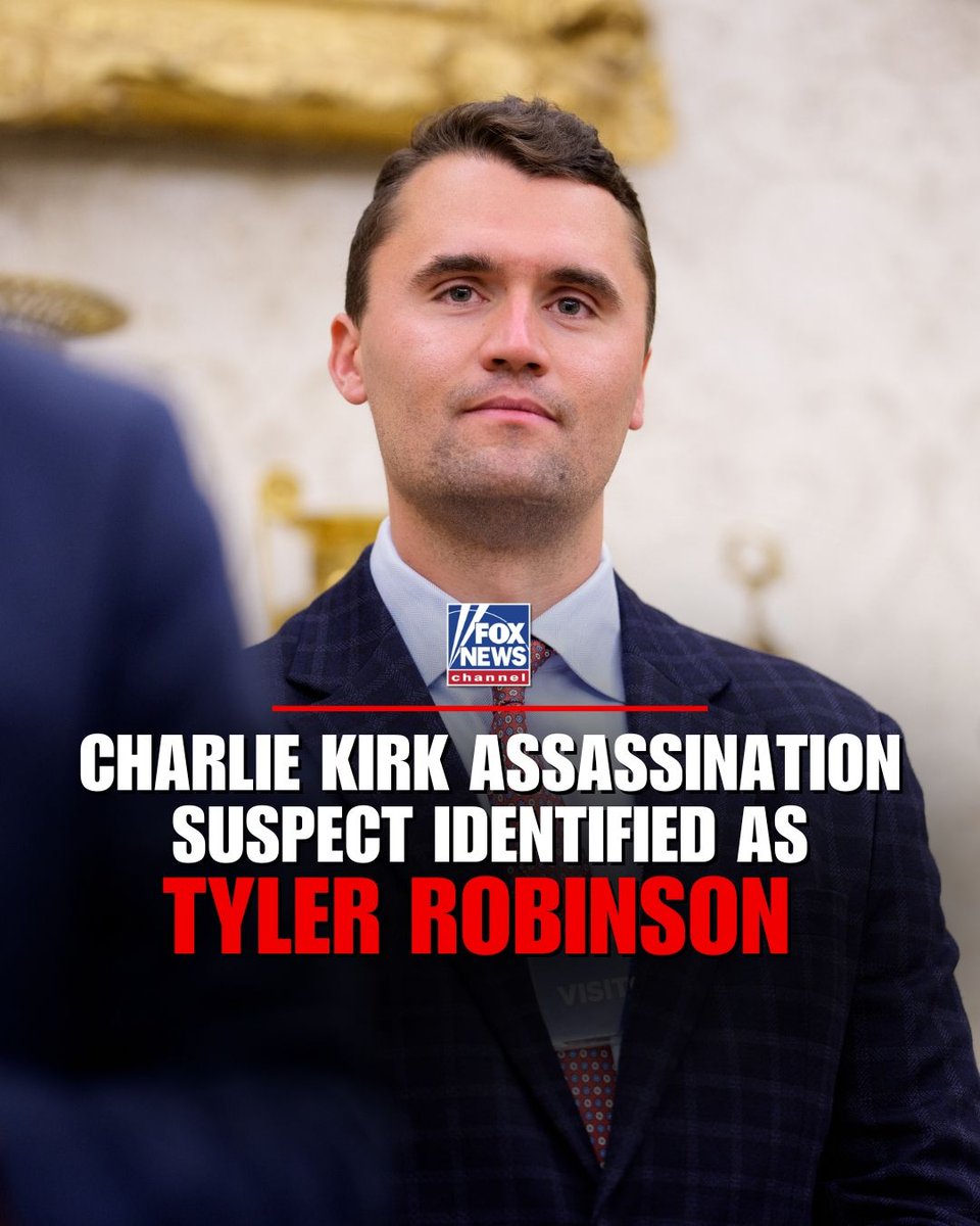 FoxNews's tweet photo. BREAKING: Charlie Kirk suspected assassin is in custody and identified as Tyler Robinson, Utah Gov. Spencer Cox confirms: “WE GOT HIM” https://t.co/ZXI8D6sGCS