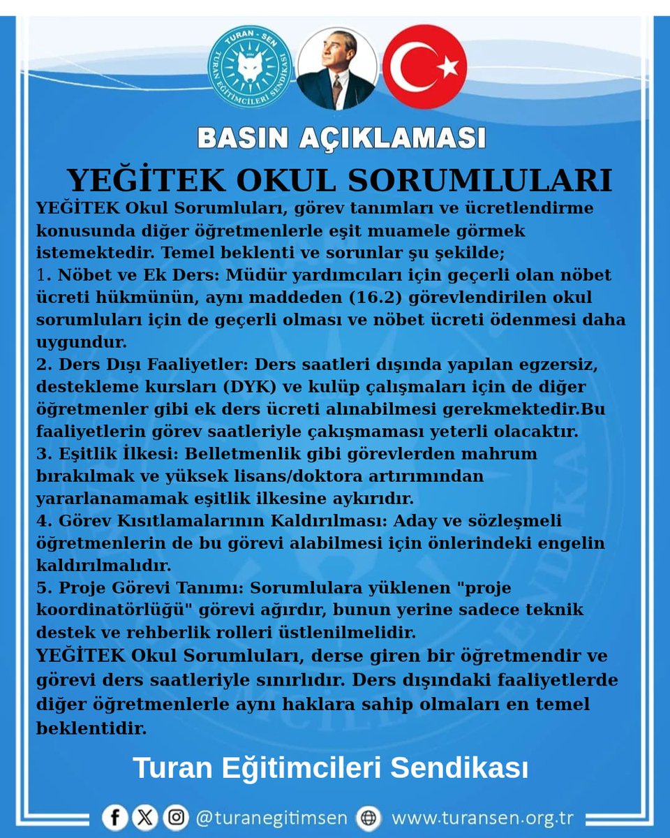 YEĞİTEK OKUL SORUMLULARININ HAKLARI VERİLMELİDİR. #TURANSEN #izmir