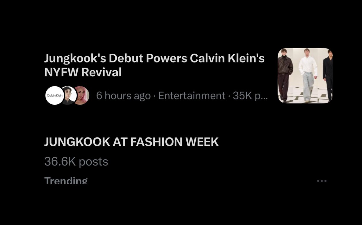 JK DAILYʲᵏ (@daily_jkupdate) on Twitter photo “JUNGKOOK AT FASHION WEEK” is now trending and news of him making his debut for <a href="/CalvinKlein/">calvinklein</a> NYFW Revival is a hot trending topic 🔥🔥
#JUNGKOOKxCALVINKLEIN #JUNGKOOKxNYFW #NYFW “JUNGKOOK AT FASHION WEEK” is now trending and news of him making his debut for <a href="/CalvinKlein/">calvinklein</a> NYFW Revival is a hot trending topic 🔥🔥
#JUNGKOOKxCALVINKLEIN #JUNGKOOKxNYFW #NYFW