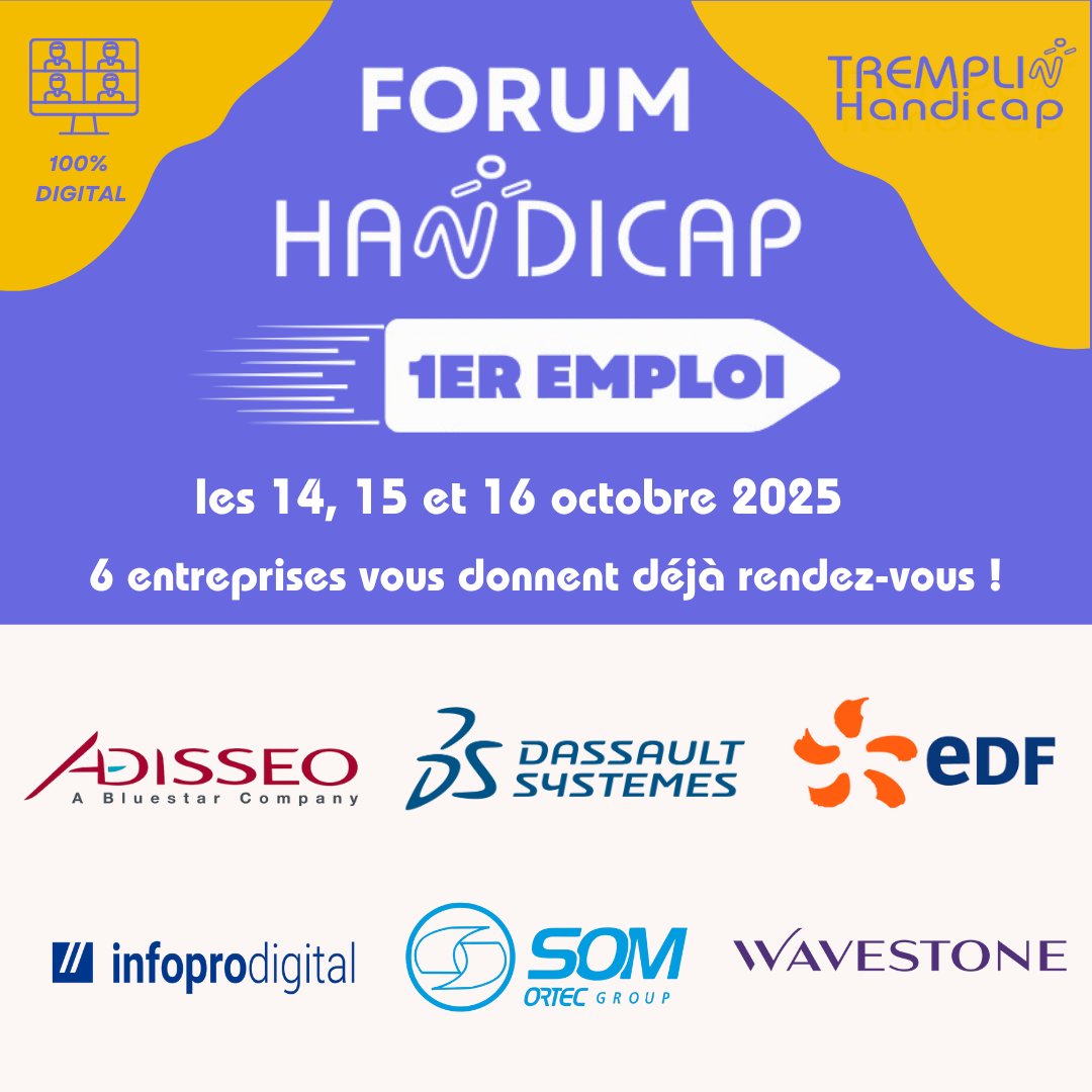 TREMPLIN HANDICAP (@tremplin_handi) on Twitter photo 🎓 Jeune diplômé, en situation de #handicap ?  
💡 On a un forum 100% digital fait pour toi !  
🤝Objectif : décrocher ton premier #emploi 
📍 Inscris toi avant le 19/09, pour les 14, 15 et 16 octobre 
👉 Inscription ici : bit.ly/ForumHandicap1… 🎓 Jeune diplômé, en situation de #handicap ?  
💡 On a un forum 100% digital fait pour toi !  
🤝Objectif : décrocher ton premier #emploi 
📍 Inscris toi avant le 19/09, pour les 14, 15 et 16 octobre 
👉 Inscription ici : bit.ly/ForumHandicap1…