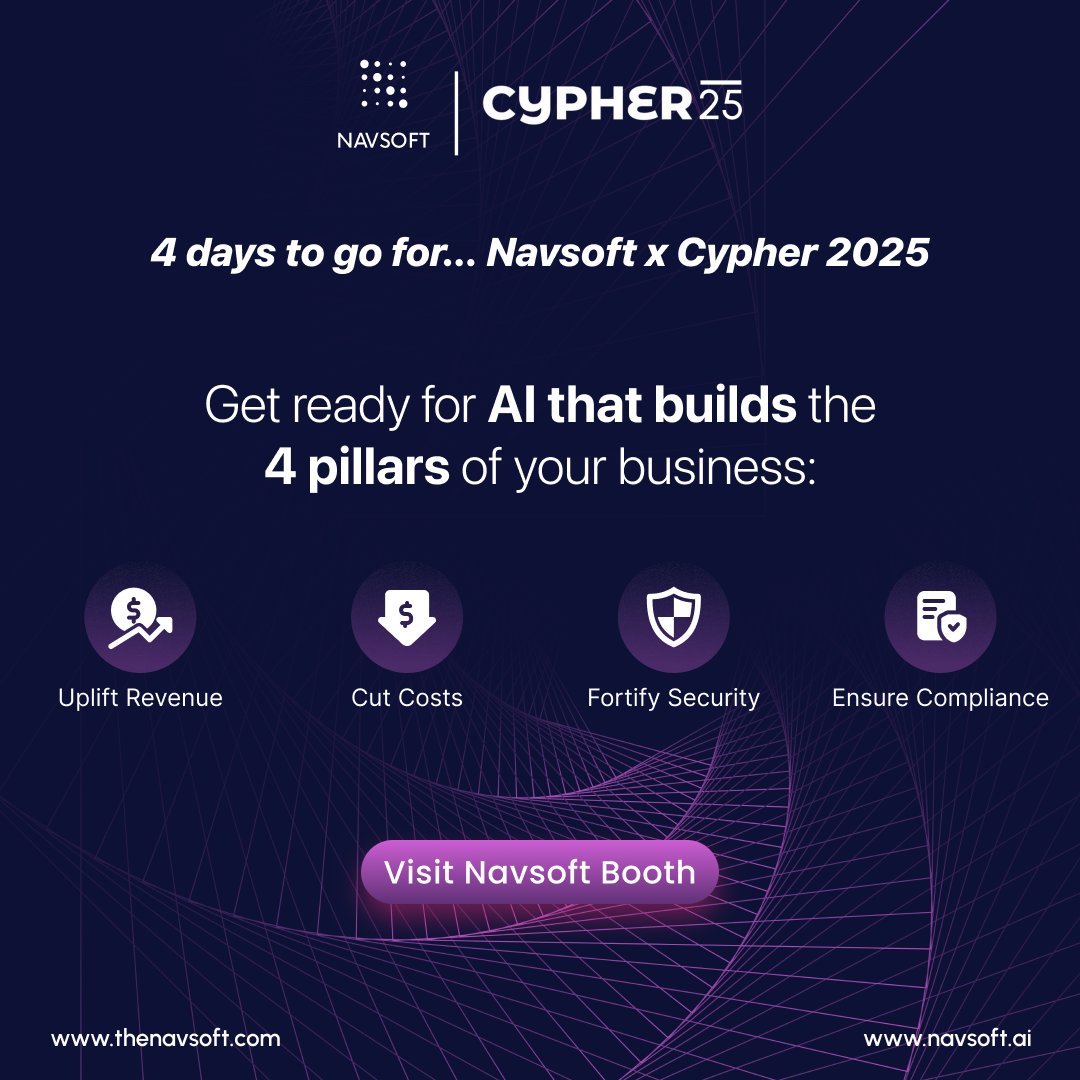NavAIofficial's tweet image. What’s the one thing you want AI to do in your business?

Just 4 days until Navsoft x Cypher 2025, where we&apos;ll show you how to uplift revenue, cut costs, fortify security, and ensure compliance. Find us at the Navsoft Booth!

#Cypher2025 #Navsoft #NavAI #ArtificialIntelligence