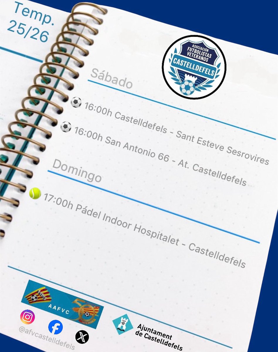 🔵 AGENDA PARTIDOS

Os presentamos la agenda de partidos

💙 #Veterans

Sábado 

16:00h
Liga J2 ⚽️
Castelldefels - Sant Esteve Sesrovires

16:00h
Amistoso ⚽️
San Antonio 66 - At. Castelldefels

Domingo

17:00h
Summapadel J2 🎾
Pádel Indoor Hospitalet - Castelldefels