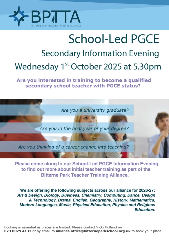 Thinking about training to teach in 26-27. You can search for courses at gov.uk/find-teacher-t… from 30.9.25. and apply from 7.10.25. If you'd like to find out about training to teach with the BPTTA, come to our information evening on 1.10.25. in Southampton. #pgce #qts <a href="/_UoW/">University of Winchester</a>