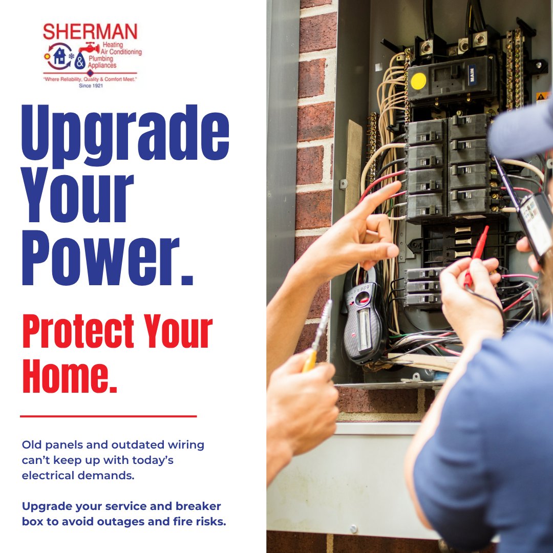 HeatingSherman's tweet image. Old wiring isn’t just a hassle—it’s a hazard. ⚡  
Stay safe with Sherman’s expert panel upgrades:  
✅ Fewer outages  
✅ Fire hazard prevention  
✅ Peace of mind  
Upgrade now—contact us today!  
#HomeSafety #PanelUpgrade #ShermansServices