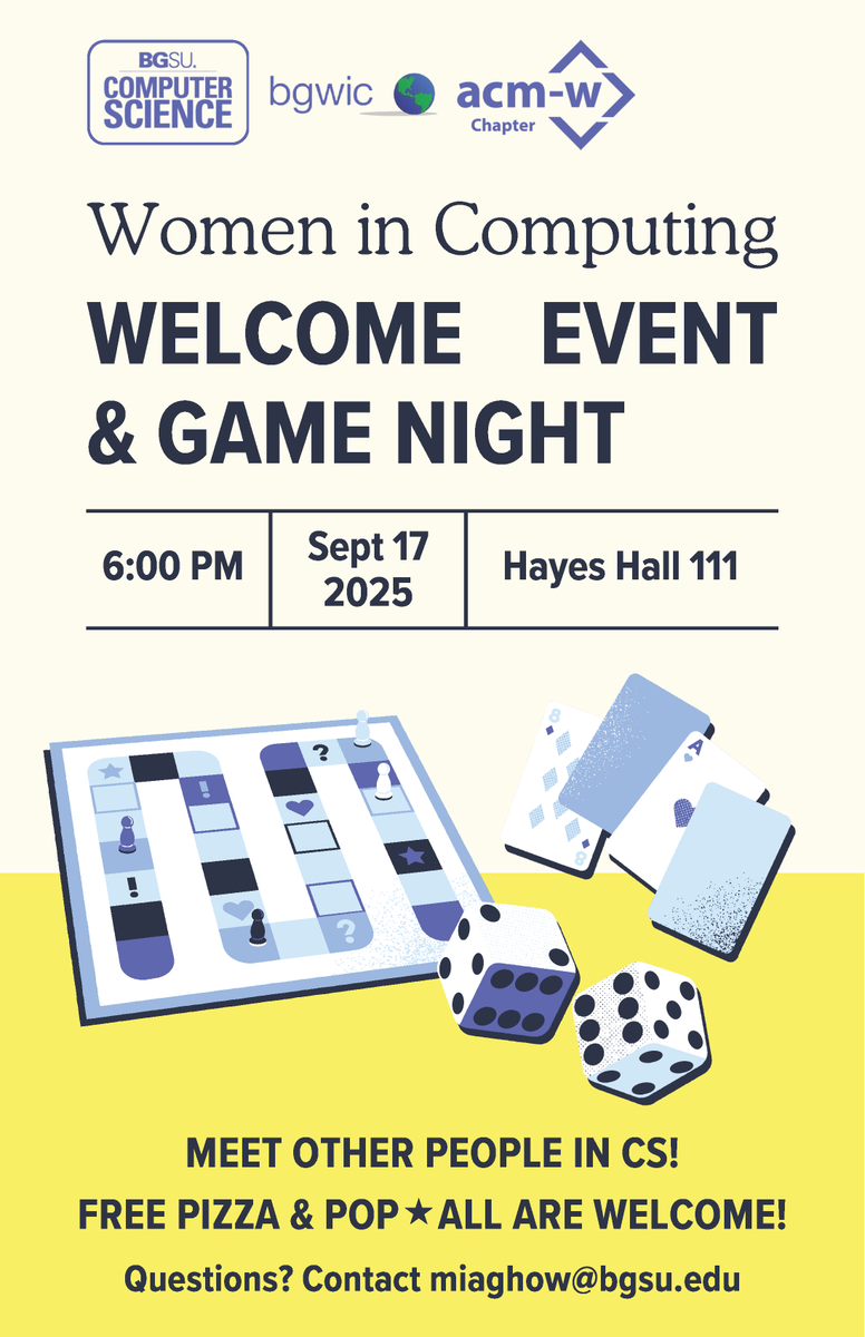 BGSU_CS's tweet photo. Please join BG Women in Computing for their welcome event on September 17th at 6:00pm in Hayes Hall 111 for games, pizza, and pop! https://t.co/7X3jzwU8PV
