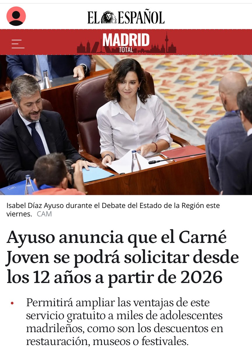 Ana Davila (@adavimu) on Twitter photo Bajamos la edad para disfrutar del <a href="/Carne_Joven_MAD/">Carné Joven Madrid</a> de la <a href="/ComunidadMadrid/">Comunidad de Madrid</a> a los 12 años.
Para que más jóvenes tengan acceso a descuentos y oportunidades.
#DER2025Madrid
elespanol.com/madrid/comunid… Bajamos la edad para disfrutar del <a href="/Carne_Joven_MAD/">Carné Joven Madrid</a> de la <a href="/ComunidadMadrid/">Comunidad de Madrid</a> a los 12 años.
Para que más jóvenes tengan acceso a descuentos y oportunidades.
#DER2025Madrid
elespanol.com/madrid/comunid…