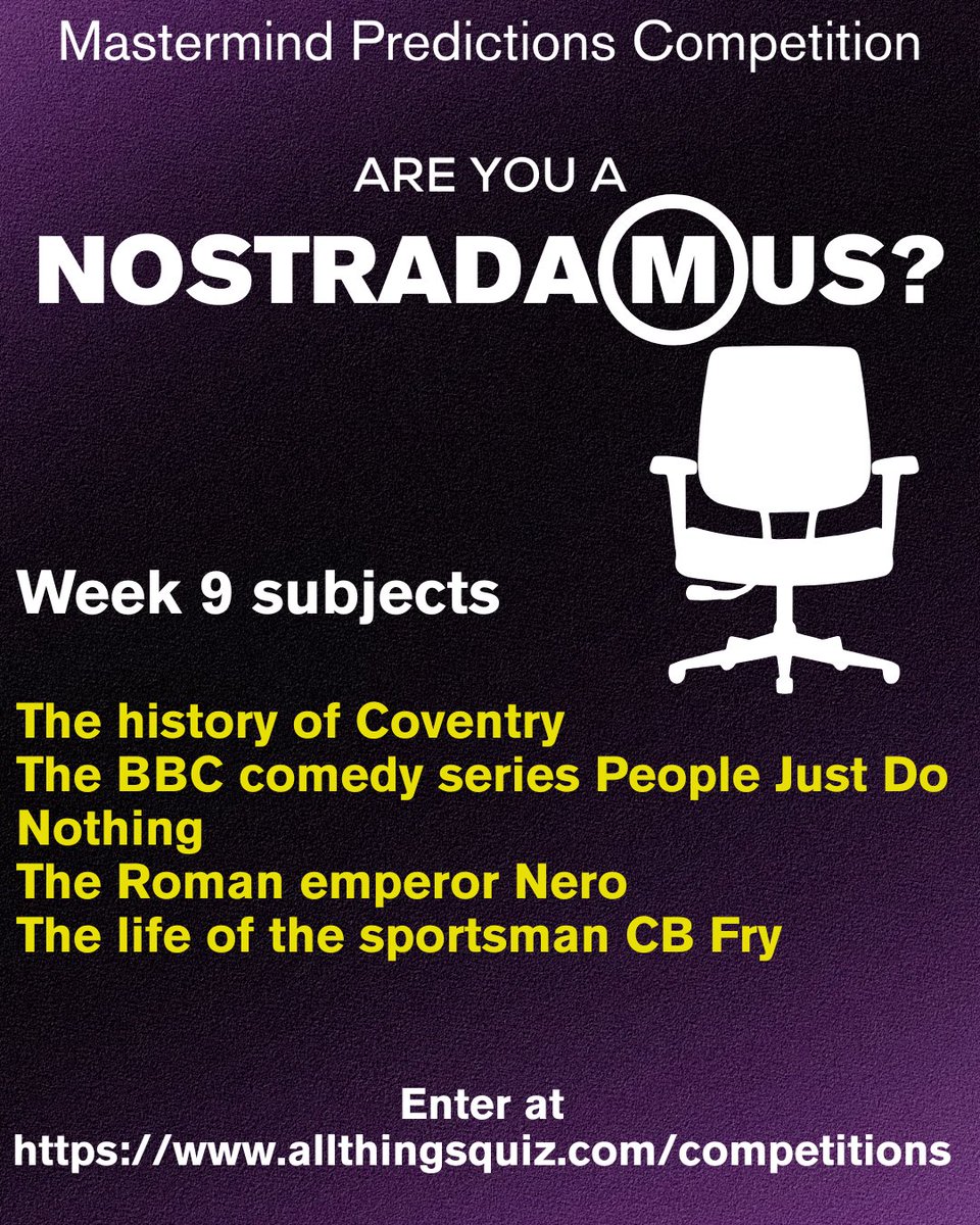 Even more points are available in this season's #Mastermind Predictions Competition. #quiz, #quizzymonday             
Do some research, predict the answers for week 9 and score points!               
Enter at allthingsquiz.com/competitions before 9pm on Sunday 14th September
