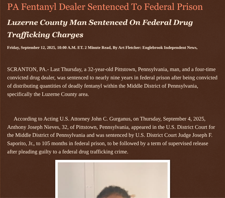 ArtFletcher9's tweet photo. PA Fentanyl Dealer Sentenced To Federal Prison https://t.co/ViBp3hphM6 via @Englebrooknews #CrimeNews #Pennsylvania #scrantonpa #luzernecountypa #federal #prison #drugdealer #drug #trafficking #fentanyl #distribution @wireless_step @HRG_Media @LodiNJNews @SugarMAGA @fordmb1 @SarahGeving1 @Shannon96574094 @Daytobehappy @janninereid1 @MichelleF_35 @gator4kb18 @TrumpWasRite @KathyKbrose @JimBobW49