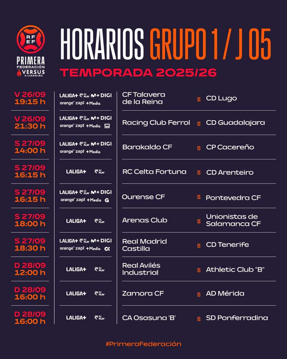 Primera_RFEF's tweet image. ⏰📺 𝗛𝗢𝗥𝗔𝗥𝗜𝗢𝗦 𝗬 𝗧𝗘𝗟𝗘𝗩𝗜𝗦𝗜𝗢𝗡𝗘𝗦 | 𝗝𝗢𝗥𝗡𝗔𝗗𝗔 𝟱

#PrimeraFederación | #VersusELearning