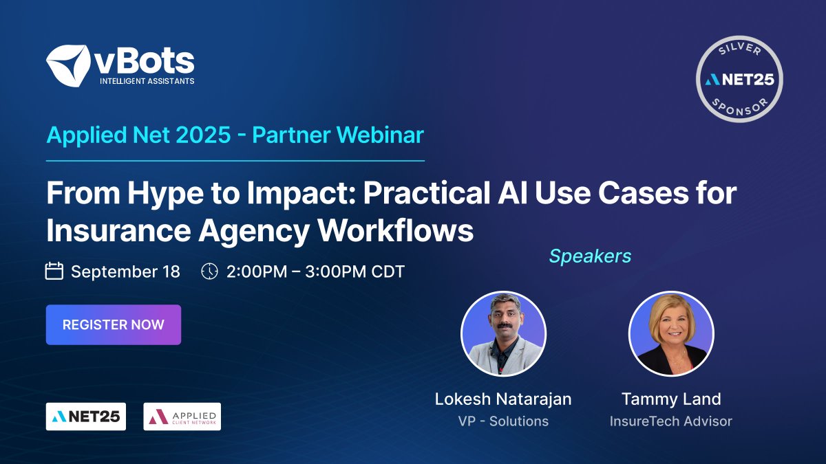 Join our partner webinar: From Hype to Impact: Practical AI Use Cases for Insurance Agency Workflows.

𝐖𝐡𝐚𝐭 𝐘𝐨𝐮’𝐥𝐥 𝐋𝐞𝐚𝐫𝐧: 
The hype around AI and the impact
Benefits of AI Driven automation
Proven results in action
Insights from experts 

bit.ly/464kHTK