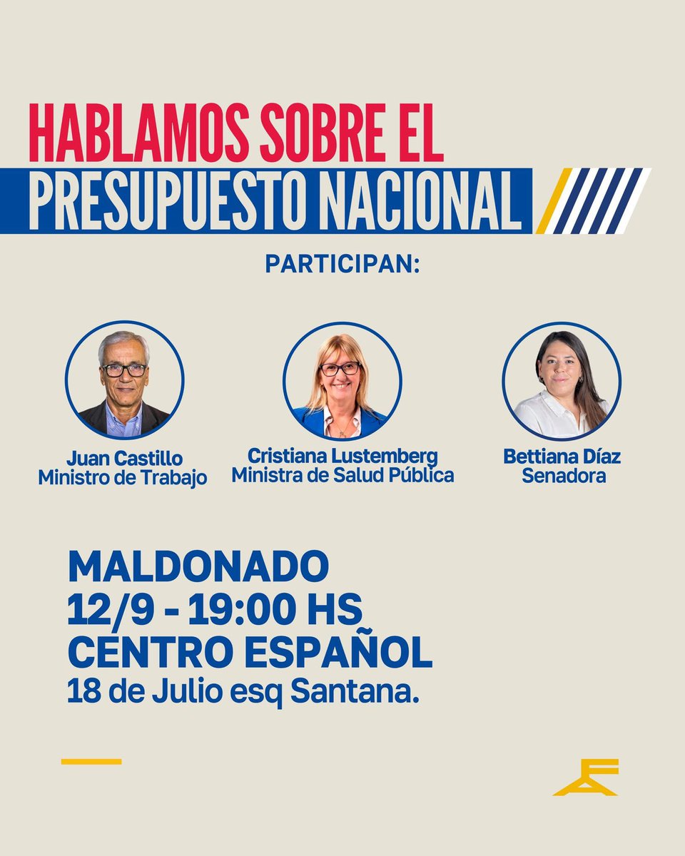 💬 Vení a conversar sobre el Presupuesto Nacional con la ministra de Salud Cristina Lustemberg, el ministro de Trabajo Juan Castillo y la senadora Betiana Díaz.

✊ ¡Tu participación es importante! Sumate, informate y formá parte del diálogo sobre nuestro futuro.