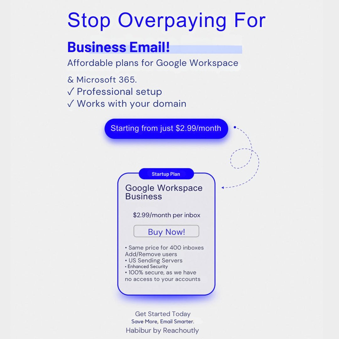HabibuR_2050's tweet image. Why pay more? 
Get professional email services with Google Workspace &amp;amp; Microsoft 365 for just $2.99/month per inbox.

👉 WhatsApp: +8801786996426

#coldemail #BusinessEmail #spammail #EmailDeliverability  #GoogleWorkspace #Microsoft365 #B2Blead #SaaS #agencyowner #EGL1 #Elsa